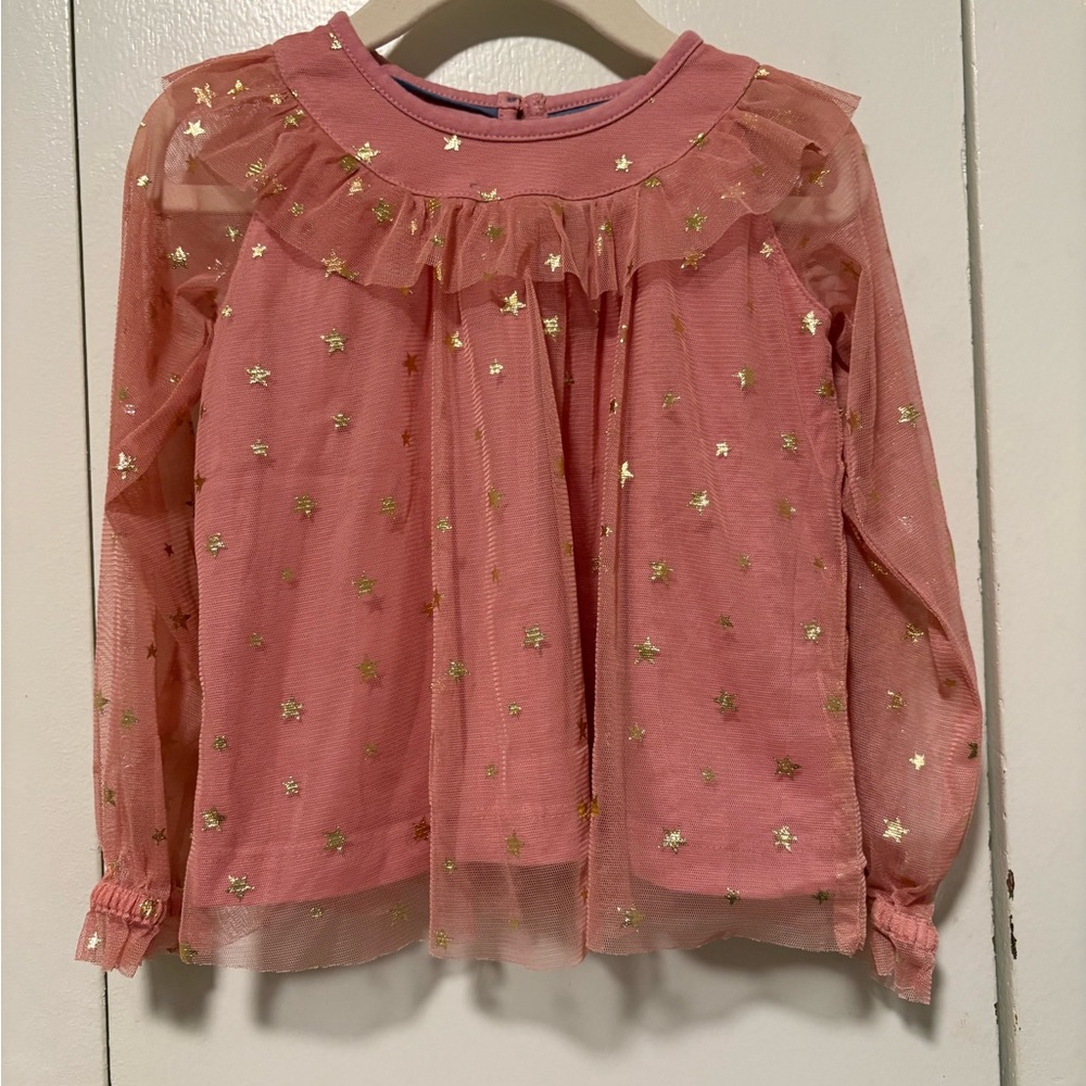 Mini Boden Tulle Party Top in Almond Pink Stars, girls size 2Twith gold starEUC